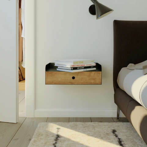 Adele Floating Nightstand – Black Metal with Oiled Oak